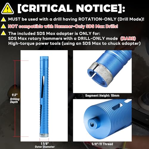 Image of 1-1 /8 inch Core Drill Bit with 3 Adapters Included: SDS Plus, SDS Max and 1 /2 inch Hex Abor, 5 /8 inch-11 Thread, 9.5 inch Drilling Depth Core Bits for Concrete Brick Block, Motar, Masonry