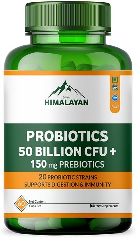 Divya Himalayan Probiotics, 50 Billion CFU, Gut & Immune Support, 60 Vegan Capsules, High-Potency, Non-GMO, Gluten-Free