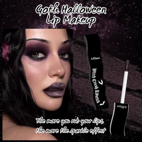 Goth Black Purple Shimmer Lipstick, High Coverage Matte Velvet Dark Base with Lavender Pink Sparkle Lip Tint Stian, Long-Lasting Non-Sticky Buildable Deep Lip Mud for Daily & Halloween Cosplay, Vegan - 1