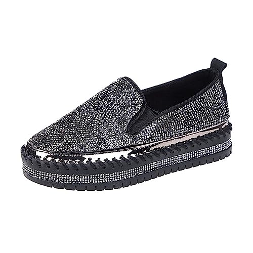 SUGURETA Women's Rhinestones Glitter Fashion Dress Sneakers Slip on Platform Loafers Party Wedding Bling Casual Flat Shoes Black 41