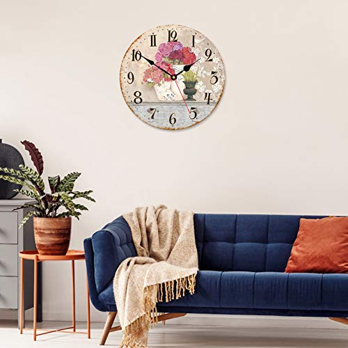 Toudorp Wooden Wall Clock Vintage Flower In Vase Style Art Decor Wall Clock 14 Inch Battery Operated Silent Wall Clocks Round Easy To Read Arabic Numerals Decorative Hanging Clock #TOP5