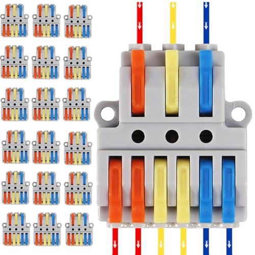 MELIFE 20PCS Lever Wire Connectors - 3 in 6 Out Quick Electrical Lever Nuts, Push-in Conductor Terminal Block AWG 28-12