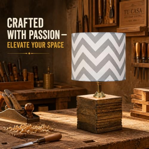 Image of tu casa Wooden Table Lamp Maze Print Fabric Shade for Home, Bedroom, Lounge
