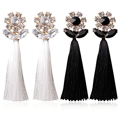 Yunxi Bohemian Long Flower Tassel Earrings For Women Trendy Crystal Silk Fabric Drop Dangle Tassel Earrings Wedding Fashion Jewelry (Bohemian Long Flower Silk Tassel Earrings-Black+White) #TOP29