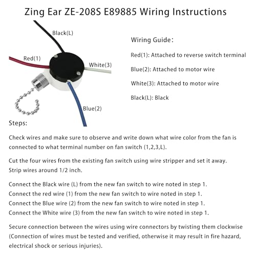Image of Ceiling Fan Switch Zing Ear ZE-208S E89885 3 Speed 4 Wire Pull Chain with 4 Pre-Installed Wires Light Fan Switch Replacement (Silver)