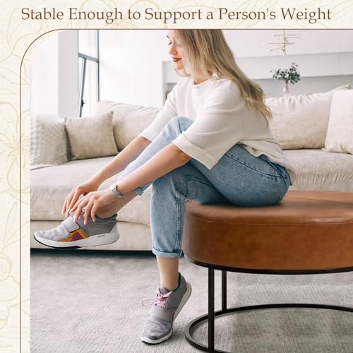 Image of Modern Round Coffee Table, Farmhouse Ottoman for Living Room, Large Vintage Faux Leather Coffee Tables with Leather Upholstered Padded Seat [Round, Vintage Brown, 30'']