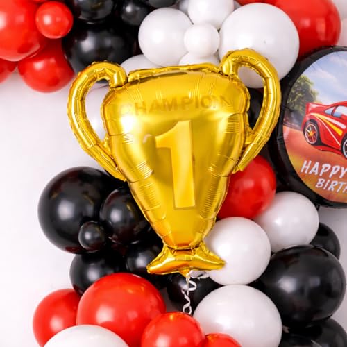 Image of Rozi Decoration Car Racing Theme Birthday Decoration Kit with Car Foil Balloons, Trophy Balloon, Happy Birthday Paper Banner and Red Black White Balloons - 52 Pieces Set