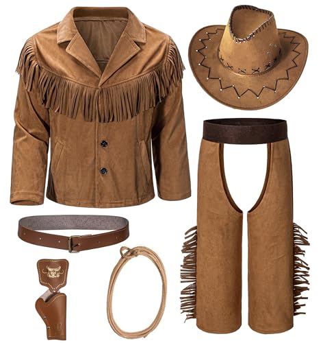 KAIPUTE Disfraz de vaquero para niños, chaqueta y pantalones para niños y niñas, juego de rol occidental, fiesta de Halloween, cosplay, 9-10 años