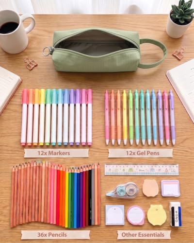 Image of Fmeida Simple Pencil Case Pouch, Office Supplies Gift for Men Women, Green | Eco-Friendly Fabric, Gift Box, Water-Resistant, Inner pocket, Carry handle, for Coworkers Writers Teachers Designers