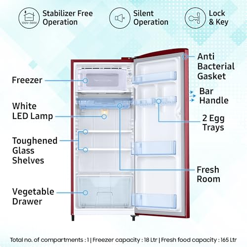 Image of Samsung 183 L, 2 Star, Digital Inverter, Direct-Cool Single Door Refrigerator (RR20C11C2RH /HL, Scarlet Red)