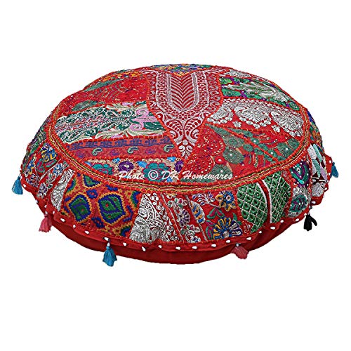 Dk Homewares Indian Bohemian Floor Cushion Cover Red 22 Inch Patchwork Living Room Pouffe Footstool Home Decor Embroidered Vintage Cotton Round Floor Pillow Seating 55 Cm #TOP1
