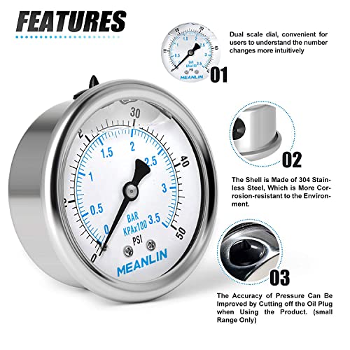 Image of MEANLIN MEASURE 0~50Psi Stainless Steel 1 /4 inch NPT 2.5 inch FACE DIAL Liquid Filled Pressure Gauge WOG Water Oil Air Center Back Mount, with 1 /2 inch NPT and 1 /4 inch x 3 /8 inch NPT Hex Bushing