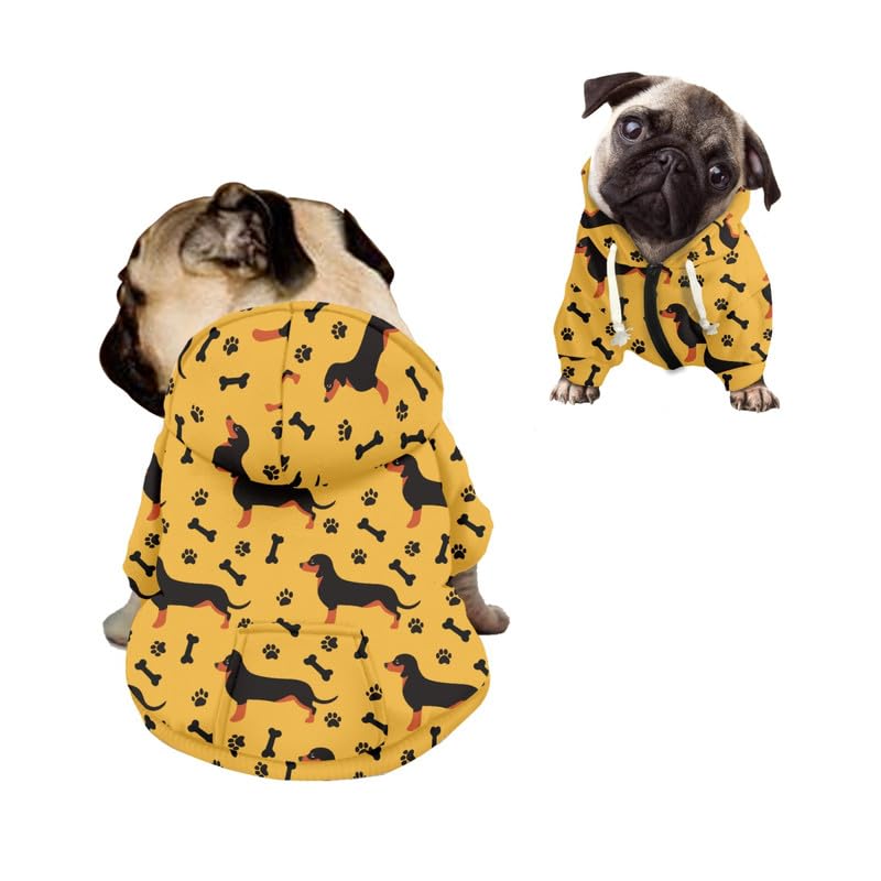 Kuiaobaty Cartoon Dachshund Dog Print Sweatshirt for Small Dogs Cats Cute Paws Pets Hoodies, Yellow Warm Autumn Hoody Dog Clothes Pullover