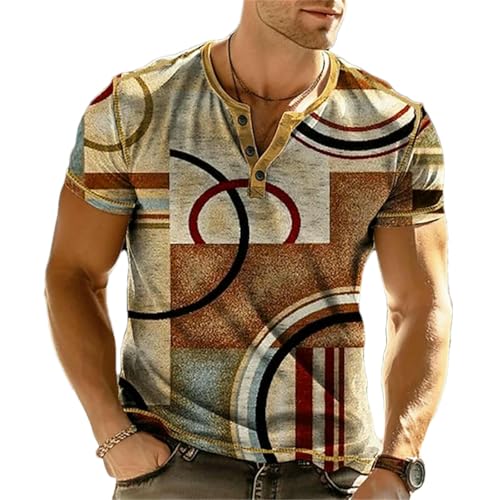 Summer Color Block Vintage Henley Shirts Patchwork 3D Print Men's Tees Casual Button-Down Short Sleeve T-Shirt Man