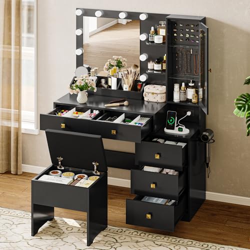 Image of Vanity Desk with Mirror and Lights, Black Makeup Vanity with 5 Drawers Hidden Jewelry Organizer& LED Glass Cabinet,3 Light Mode and Brightness Adjusted,Vanity Mirror with Lights Desk and Chair