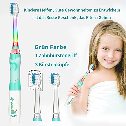 SEAGO SG-977 Elektrische tandenborstel voor kinderen vanaf 3 tot 12 jaar, met gekleurd licht, smart timer, 3 zachte borstelkoppen, waterdicht, sonische tandenborstel voor meisjes en jongens (groen) - Image 8
