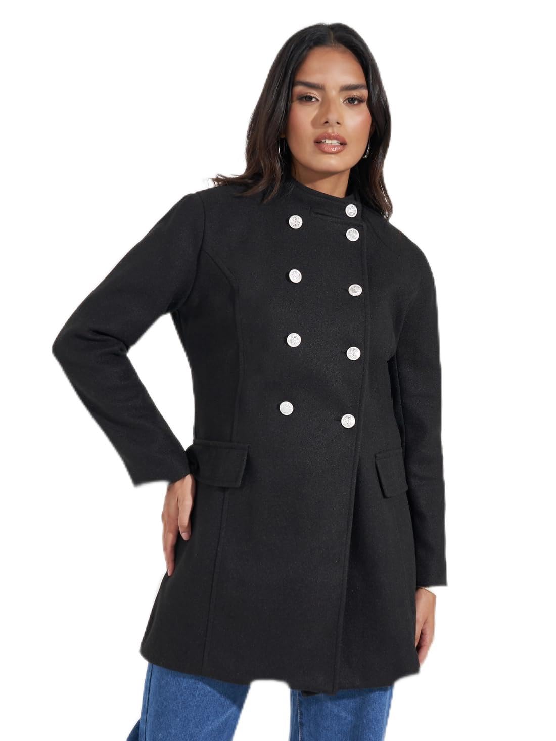styli Women Stand Collar Double Breasted Suede A-Line Button Closure Coat | Stylish Winterwear Coat for Women | Perfect for Casual, Party & Everyday Wear-picture-48