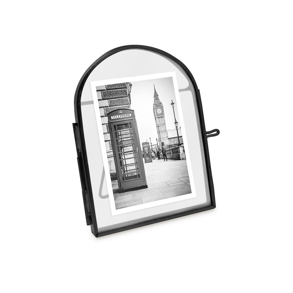 Isaac Jacobs 2x3 Vintage Style, Arched Brass & Glass Metal Floating Picture Frame with Locket Closure (Vertical), Made for Tabletop Display (2x3 Vertical, Black)