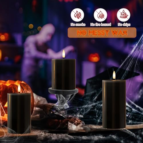 Image of Black Flameless Candles, Halloween Candles with Remote, Battery Operated Gothic LED Candles, Real Wax Flickering Flameless Pillar Candles for Home, Party, Halloween, 3 Pack