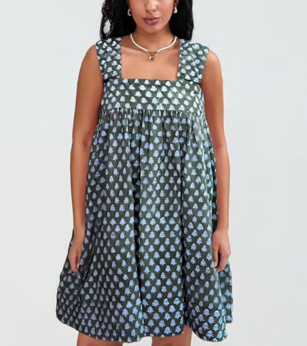 Image of Women Floral Tie Shoulder Mini Dress Cute Square Neck Loose Fit Beach Short Dress Backless Boho Vocation Sundress