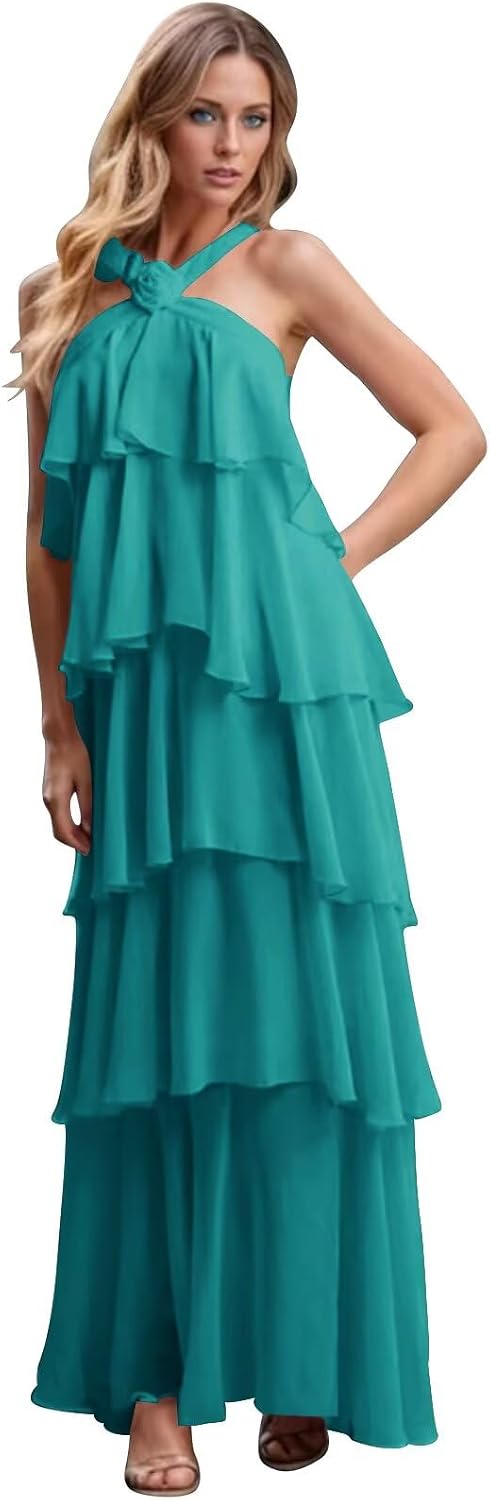 Chiffon Halter Bridesmaid Dresses for Women 3D Flower Long Tiered Ruffles Flowy Formal Wedding Guest Gown