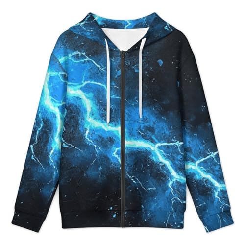 Blue Glowing Lightning-bolt Men's Hoodies with Zipper Lightweight Long Sleeve Casual Sweatshirts3