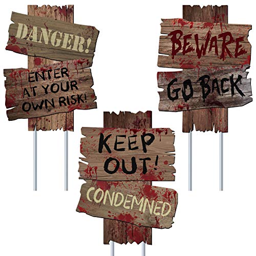 UFUNGA Beware Signs Yard Stakes Halloween Decorations Outdoor Creepy Assorted Warning Sign,Scary Zombie Party Decor Supplies,3 Pieces, 12