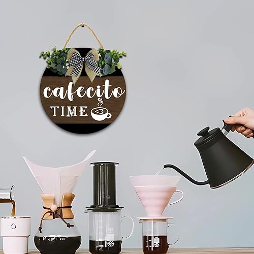 Miniatura 4 de Cartel de café Cafecito Time de 12 x 12 pulgadas, accesorios de madera para cafeterías y estaciones de café, letrero de café rústico para amantes