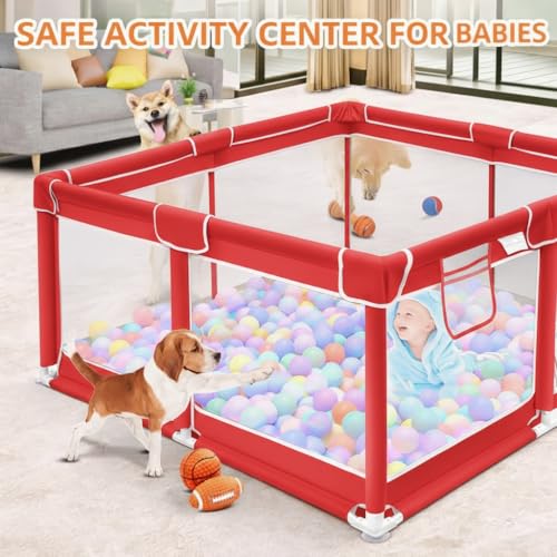 Image of ShivAnanta Foldable Baby Playpen Safety Fence for Kids Indoor Play Area with 30 Pit Ball Breathable Mesh, Anti Slip Base, Toddler Play Yard for Crawling, Playing & Learning Activity Play Center 3+ Years (Red)