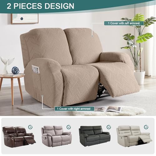 Image of Ruaozz Recliner Sofa Covers Recliner Chair Covers Loveseat Recliner Slipcovers with Pockets Washable Furniture Protector with Elastic Bottom (2 Seater, Khaki)