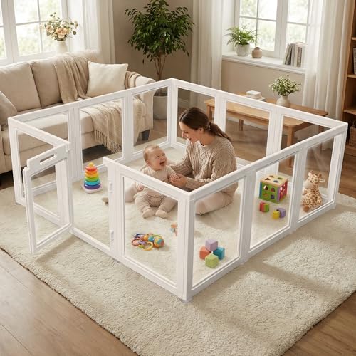 Image of Clear Acrylic Baby Playpen with Gate, Play Pen for Babies and Toddlers, DIY Shape, 59 inchx59 inch Indoor See-Through Baby Fence Playard, 12 Pannels
