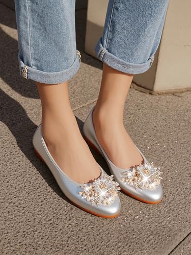 Image of KUNWFNIX Women Ballet Flats Rhinestone Wedding Ballerina Shoes Foldable Sparkly Comfort Slip on Flat Shoes