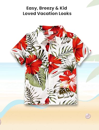 Image of PATPAT Family Hawaiian Shirts - Boy & Girl Matching Tropical Floral Leaf Print Aloha Hawaii Vacation Polo Shirts - Father & Son Shirts - Red Flower for Boys 8-9 Years