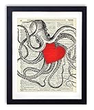 Octopus With Big Red Heart Vintage Upcycled Dictionary Art Print - 8x10 inches