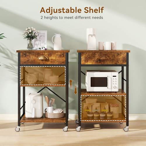 IBUYKE - Estante para panaderos de cocina con cajones, soporte para horno de microondas de 3 niveles con almacenamiento, mesa de café con ruedas, estante ajustable, montaje simple, color marrón - imagen 5