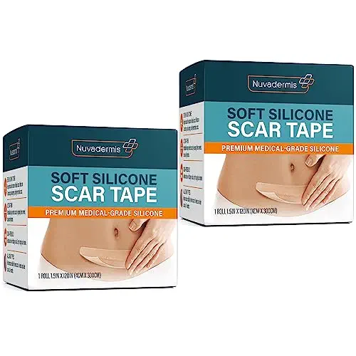 NUVADERMIS Silicone Scar Tape for Surgical Scars - 120&#34; x 1.5&#34; Roll - Extra Long Scar Sheets for C-Section, Tummy Tuck, Keloid, and Surgical Scars - Reusable Medical Grade Silicone Scar Tape 2 Pack