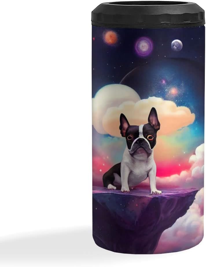 Boston Terrier Pop Art Insulated Slim Can Cooler - Space Can Cooler - Printed Insulated Slim Can Cooler
