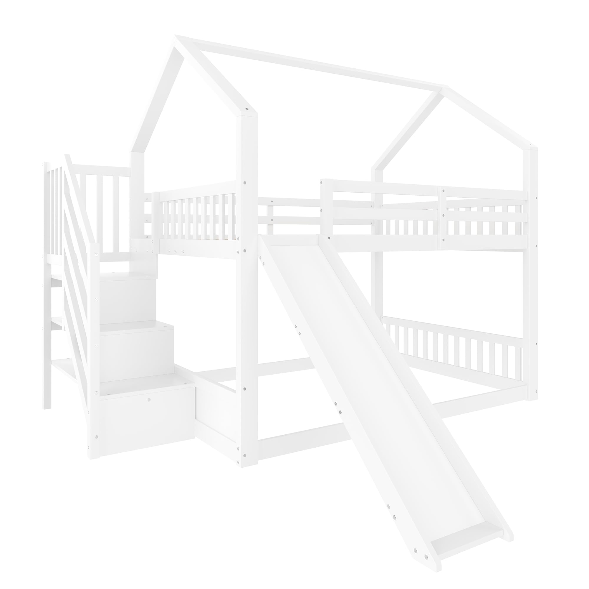 Azkoeesy Letto a Castello con Scivolo e Scaletta 140x200 cm, Design a Forma di Casetta, con Mensole, Sponda e Doghe, Legno di Pino Bianco, Ideale per Bambini e Ragazzi