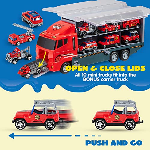Joyin 19 In 1 Die-Cast Fire Toy Truck With Little Figures, Mini Emergency Fire Vehicles In Big Carrier Truck, Patrol Rescue Helicopter For Boys 3-9 Years Old, Kids Value Birthday Xmas Easter Gifts #TOP5