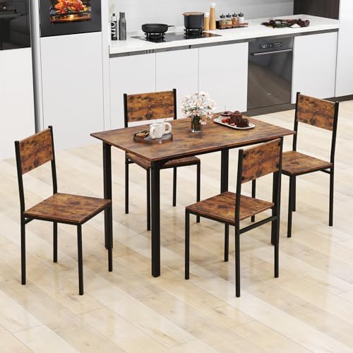 5 Piece Rectangular Dining Set,4 Backrest Chairs Metal Frame,Rustic Brown