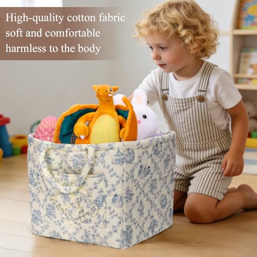 Image of Quilted Fabric Basket Foldable Car Storage Boho Floral Laundry Basket Hamper for Nursery Bedroom & Living Room | Organize Clothes Toys