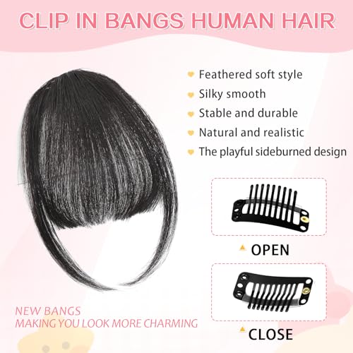 Clip in Bangs 100% Real Human Hair, Wispy Bangs Hair Clip, Hair Bangs Clip in Human Hair, Fake Bangs Fringe with Temples Hairpieces, Clip on Bangs for Women Daily (Natural Black, Wispy Bangs) - Image 6