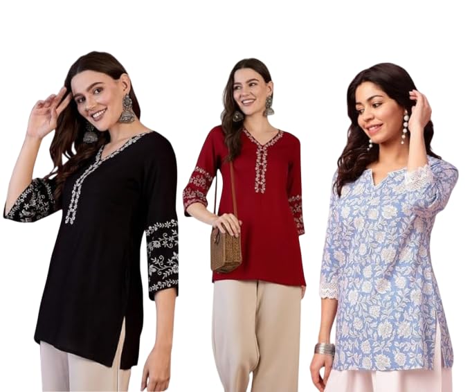Image of MAHIRA'S Comfort Women's Short Kurti, Rayon Tunic Top with 3 /4 Embroidered Designer Sleeves | Soft Breathable Fabric | Office & Casual Kurti for Jeans, Leggings & Trousers