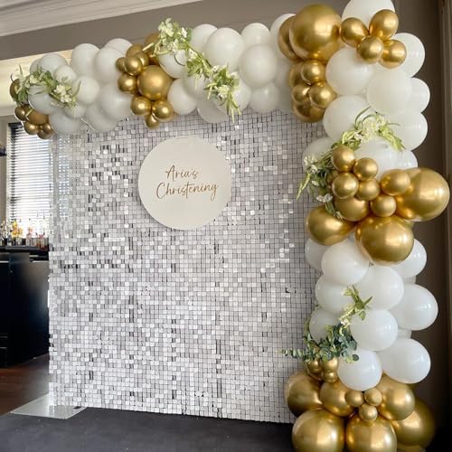 Image of COKAOBE Mirror White Shimmer Wall Backdrop, 24PCS Square Sequin Shimmer Backdrop Panel, Photo Backdrops for Birthday, Anniversary, Wedding, Graduation & Bachelorette Party Decoration