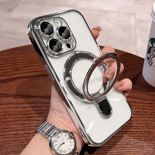 Image of Magnetic Case for iPhone 16 Pro Case Stand & Ring Holder Compatible with MagSafe Built-in Camera Lens Protector Shockproof Phone Case for iPhone 16 Pro 6.3 inch - Silver