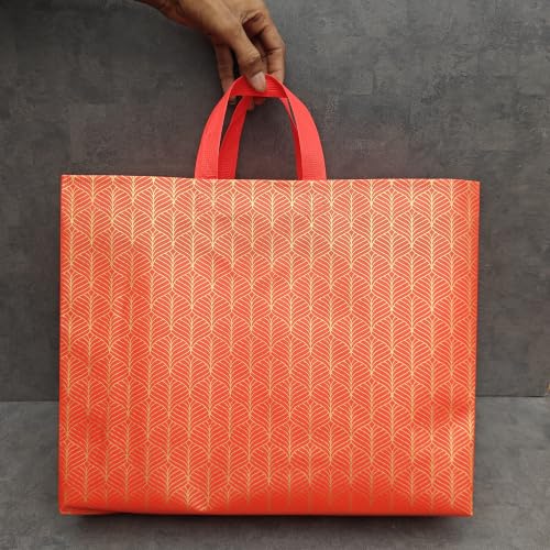Image of Lavya Festive Special Large Size Return Gift Bags | Reusable Non-Woven Laminated Matt Finish Carry Bags for Gifting, Weddings, Festivals, Rakhi & Diwali (Red Gold Leaf, L-15x12.5x4, Pack of 10)