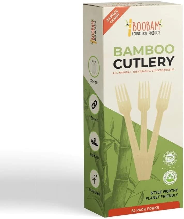 Boobam Econatural Bamboo Utensils - Eco-Friendly Disposable Wooden Cutlery for Party, Picnic, Camping, Wedding - Individually Wrapped Spoons, Forks, Knives 50 Sets