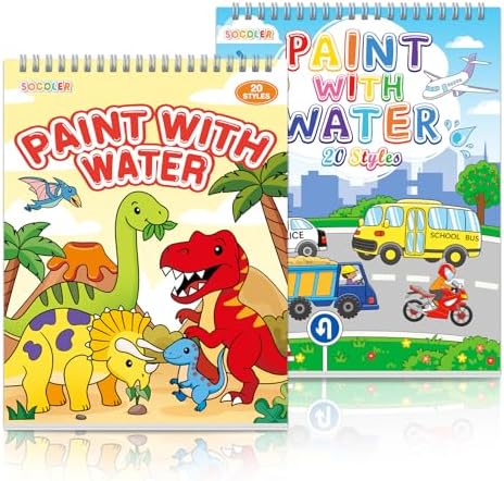 SOCOLER 2-Pack Mess-Free Paint with Water Coloring Book Bundle – Traffic & Dinosaur Theme for Boys,2 x 20-Page Activity Books with 2 Brushes,Kids Art Set Ages 1-3, 4-8 image 4