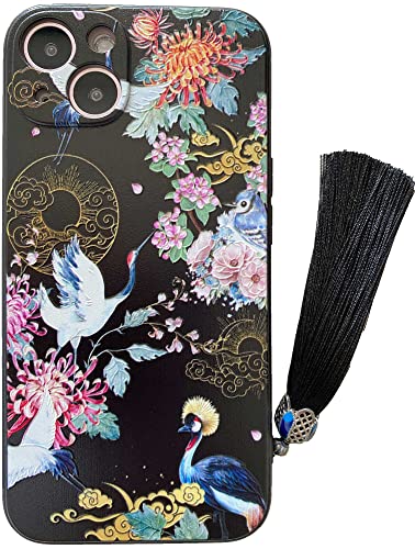 KOLO【鶴 花】 iPhone対応 13 スマホケース 中国風 中華風 シノワズリ カバー 軽量(黒 iPhone13