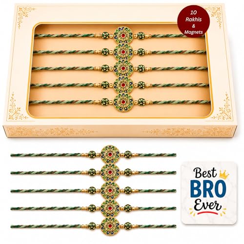 Image of eCraftIndia Pack of 10 Multicolor Flower Designer Rakhi for Brother Bhai Bhaiya | 10 Best Bro Ever Fridge Magnets Gift Combo Set | Roli Chawal Pack | Raksha Bandhan Floral Rakhi Collection